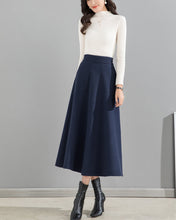Load image into Gallery viewer, Wool skirt/Midi skirt/Winter skirt/A-line skirt/dark blue skirt/elastic waist skirt/skirt with pockets/customized skirt A008
