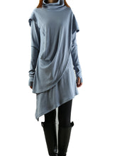 Load image into Gallery viewer, Rib Knit Dress/High Neck Dress/Thumb hole Sleeves t-shirt/Womens Tunic Dress/Cotton Asymmetric T-shirt/Long Sleeve Tunic Top/Oversized Shirt/Casual T-shirt Customized(Y1535S) - lijingshop