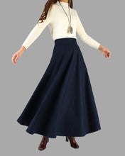 Load image into Gallery viewer, Wool skirt/Maxi skirt/winter skirt/a-line skirt/pleated skirt/dark blue skirt/elastic waist skirt/skirt with pockets A05