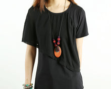 Load image into Gallery viewer, Asymmetrical layered t-shirt, Short sleeve cotton and chiffon top, T-shirts for women, customized top, black t-shirt, summer top(Y1009)