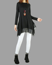 Load image into Gallery viewer, Women's cotton and chiffon t-shirt/asymmetrical dress/plus size tunic top/oversized t-shirt/long sleeve t-shirt/customized blouse/black top (Q1058)