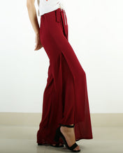 Load image into Gallery viewer, Women's chiffon pants, elastic waist pants, straight leg trousers, high waist trousers, layered flowy pants, black wine red pants(K1711)