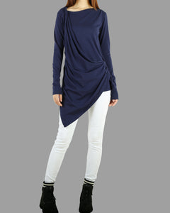 Tunic tops for women, cotton tunic dress, long sleeve t-shirt, long top, dark blue cotton top(Y1041)