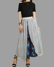 Load image into Gallery viewer, Women's Cotton and Chiffon skirt/Sari Maxi Skirt/peacock feather printed skirt/long skirt/elastic waist skirt(Q1106)