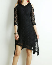 Load image into Gallery viewer, Women's lace and modal dress, 3/4 sleeve asymmetrical cotton dress, plus size oversized customized tunic dress, black dress, summer dress(Y1908)
