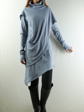 Load image into Gallery viewer, High Neck Dress/Rib Knit Dress/Thumb hole Sleeves t-shirt/Womens Tunic Dress/Cotton Asymmetric T-shirt/Long Sleeve Tunic Top/Oversized Shirt/Casual T-shirt Customized(Y1535S) - lijingshop