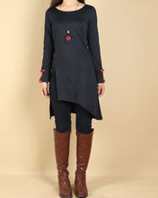Load image into Gallery viewer, Women's Long Sleeve t-shirt/Asymmetrical Cotton tunic dress/black tunic Top/embroidered dress(Y1508)