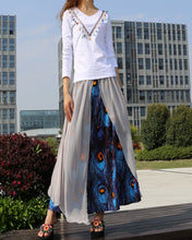 Load image into Gallery viewer, Women's Cotton and Chiffon skirt/Sari Maxi Skirt/peacock feather printed skirt/long skirt/elastic waist skirt(Q1106) - lijingshop