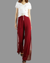 Load image into Gallery viewer, Women's chiffon pants, elastic waist pants, straight leg trousers, high waist trousers, layered flowy pants, black wine red pants(K1711)