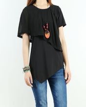Load image into Gallery viewer, Short sleeve cotton and chiffon top, asymmetrical layered t-shirt, T-shirts for women, customized top, black t-shirt, summer top(Y1009)