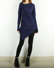 Load image into Gallery viewer, Tunic tops for women, cotton tunic dress, long sleeve t-shirt, long top, dark blue cotton top(Y1041)