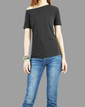 Load image into Gallery viewer, T-shirts for women, off shoulder shirt, Short sleeve cotton top, customized top, black white t-shirt, summer top(Y1009S)