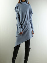 Load image into Gallery viewer, High Neck Dress/Rib Knit Dress/Thumb hole Sleeves t-shirt/Womens Tunic Dress/Cotton Asymmetric T-shirt/Long Sleeve Tunic Top/Oversized Shirt/Casual T-shirt Customized(Y1535S) - lijingshop