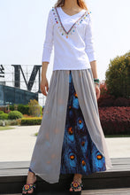 Load image into Gallery viewer, Women's Cotton and Chiffon skirt/Sari Maxi Skirt/peacock feather printed skirt/long skirt/elastic waist skirt(Q1106) - lijingshop