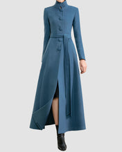 Load image into Gallery viewer, Wool coat women, Cashmere winter coat, long jacket, High collar coat , coat dress, blue wool long coat, warm coat, plus size coat Y006