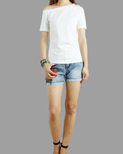 Load image into Gallery viewer, off shoulder shirt, Short sleeve cotton top, T-shirts for women, customized top, black white t-shirt, summer top(Y1009S)