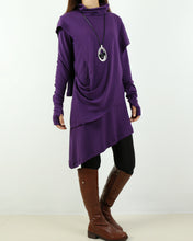 Load image into Gallery viewer, Cotton Tunic dress/Thumb hole Sleeves tunic dress/High Neck Dress/Womens Tunic Dress/Cotton Asymmetric T-shirt/Long Sleeve Tunic Top/Oversized Shirt/Casual T-shirt Customized(Y1535)