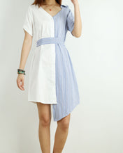 Load image into Gallery viewer, Women's summer short sleeved blouse/white stripe shirt dress/plus size oversized dress/casual customized maternity asymmetrical dress(Y1705)
