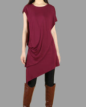 Load image into Gallery viewer, Women's crew neck Dress/modal cotton dress/short sleeves tunic top/blue tunic top/cotton asymmetric long t-shirt/Oversized Casual Customized T-shirt(Y1535S)