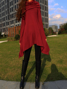 Women's shawl collar top/knit tunic dress/black red cotton dress/plus size sweater/oversized top/casual tunic top/maternity dress/asymmetrical shirt (Y1536) - lijingshop