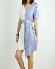 Load image into Gallery viewer, Women's summer short sleeved blouse/white stripe shirt dress/plus size oversized dress/casual customized maternity asymmetrical dress(Y1705)