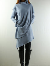 Load image into Gallery viewer, High Neck Dress/Rib Knit Dress/Thumb hole Sleeves t-shirt/Womens Tunic Dress/Cotton Asymmetric T-shirt/Long Sleeve Tunic Top/Oversized Shirt/Casual T-shirt Customized(Y1535S) - lijingshop