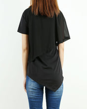 Load image into Gallery viewer, Short sleeve cotton and chiffon top, asymmetrical layered t-shirt, T-shirts for women, customized top, black t-shirt, summer top(Y1009)