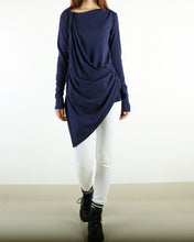 Load image into Gallery viewer, Tunic tops for women, cotton tunic dress, long sleeve t-shirt, long top, dark blue cotton top(Y1041)