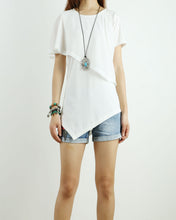Load image into Gallery viewer, Short sleeve cotton and chiffon top, asymmetrical layered t-shirt, T-shirts for women, customized top, black t-shirt, summer top(Y1009)