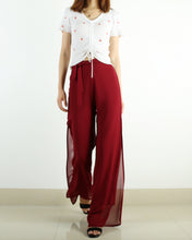 Load image into Gallery viewer, Women's elastic waist pants, chiffon pants,straight leg trousers, high waist trousers, layered flowy pants, black wine red pants(K1711)
