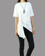 Load image into Gallery viewer, Oversize cotton top, Short sleeve cotton t-shirt, white summer T shirt, Asymmetrical tops(Y1075)