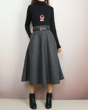 Load image into Gallery viewer, Winter skirt, Wool skirt with belt, custom made skirt, midi skirt, black skirt (Q2143)