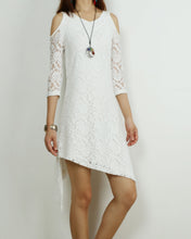 Load image into Gallery viewer, Women's 3/4 sleeve asymmetrical cotton dress, lace and modal dress, plus size oversized customized tunic dress, black dress, summer dress(Y1908)