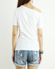 Load image into Gallery viewer, off shoulder shirt, Short sleeve cotton top, T-shirts for women, customized top, black white t-shirt, summer top(Y1009S)