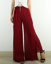 Load image into Gallery viewer, Women's chiffon pants, elastic waist pants, straight leg trousers, high waist trousers, layered flowy pants, black wine red pants(K1711)