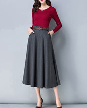 Load image into Gallery viewer, Midi skirt, Wool skirt, Winter skirt, dark gray skirt, long skirt, vintage skirt, high waist skirt, flare skirt, Wool skirt with belt Q0025