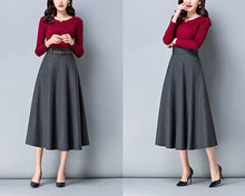 Load image into Gallery viewer, Winter skirt, Midi skirt, Wool skirt, dark gray skirt, long skirt, vintage skirt, high waist skirt, flare skirt, Wool skirt with belt Q0025