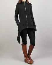 Load image into Gallery viewer, Asymmetric jacket, Jacket for women, jacket with hood, Women cotton jacket, Black Hooded Coat, Thumb Holes, Extravagant Unique coat(Y1180)