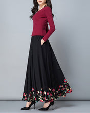 Load image into Gallery viewer, Women's maxi skirt, embroidered skirt, elastic waist skirt, flare skirt, cotton skirt, high waist skirt, long skirt, A-line skirt Q0056