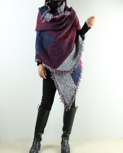 gray checked poncho, outdoor wrap, wool shawl, cashmere scarf, blanket shawl, oversized wrap(P1811) - lijingshop