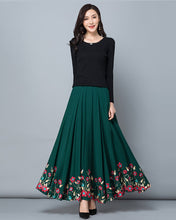 Load image into Gallery viewer, Women's linen skirt, maxi skirt, embroidered skirt, elastic waist skirt, flare skirt, cotton skirt, high waist skirt, long skirt, A-line skirt Q0056