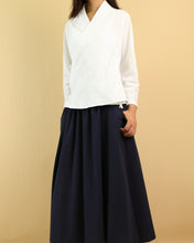 Load image into Gallery viewer, Linen top, long sleeve shirt, white Chinese style top, antiquity tops, linen blouse, t-shirt with ties(Y1063)