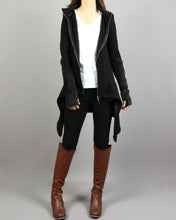 Load image into Gallery viewer, Asymmetric jacket, Jacket for women, jacket with hood, Women cotton jacket, Black Hooded Coat, Thumb Holes, Extravagant Unique coat(Y1180)
