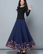 Load image into Gallery viewer, Women's linen skirt, maxi skirt, embroidered skirt, elastic waist skirt, flare skirt, cotton skirt, high waist skirt, long skirt, A-line skirt Q0056