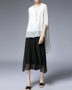 Women's white blouse/asymmetrical chiffon tunic top/oversized black t-shirt/short sleeve top(Y1931) - lijingshop