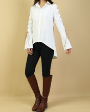 Load image into Gallery viewer, Women's linen shirt/Bell Sleeves Shirt tunic dress/Cotton Linen blouse/long sleeve shirt(Y20171)