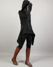 Load image into Gallery viewer, Asymmetric jacket, Jacket for women, jacket with hood, Women cotton jacket, Black Hooded Coat, Thumb Holes, Extravagant Unique coat(Y1180)