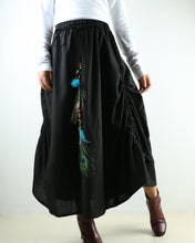 Load image into Gallery viewer, Women's linen skirt/maxi skirt/elastic waist peacock feather skirt/plus size skirt/oversize skirt/casual skirt/black skirt(Q1009) - lijingshop