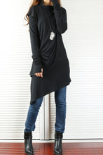 Load image into Gallery viewer, High Neck Dress/Rib Knit Dress/Thumb hole Sleeves t-shirt/Womens Tunic Dress/Cotton Asymmetric T-shirt/Long Sleeve Tunic Top/Oversized Shirt/Casual T-shirt Customized(Y1535S) - lijingshop