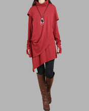Load image into Gallery viewer, Cotton dress/High Neck Dress/Thumb hole Sleeves tunic/Womens Tunic Dress/Cotton Asymmetric T-shirt/Long Sleeve Tunic Top/Oversized Shirt/Casual T-shirt Customized(Y1535)